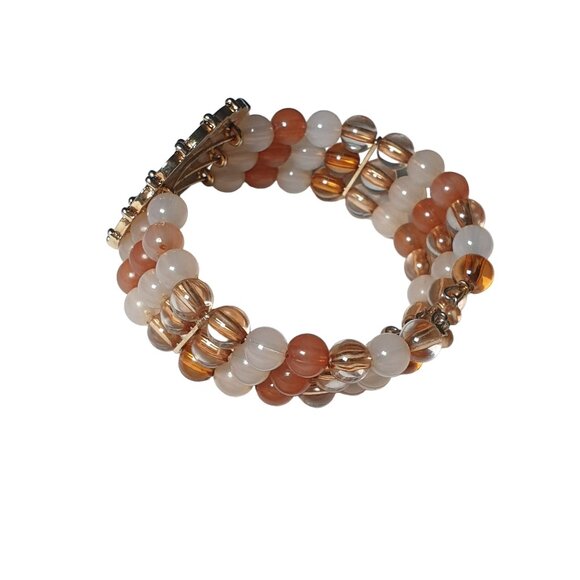 Women Cuff Bracelet Beaded Memory Wire Enameled Rhinestone Coral Peach Adjust - Picture 5 of 5